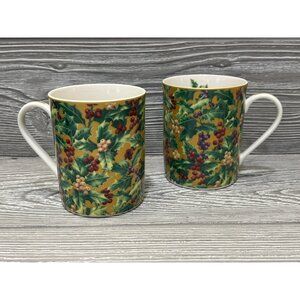 Department 56 Heirloom Coffee Cups Mugs Set of 2 Holly Berry Christmas Holiday
